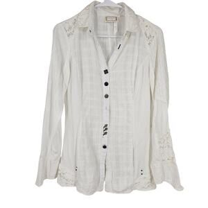 Elisa Cavaletti Club Shirt White Floral Lace Trim Button Down Long Sleeve Size M